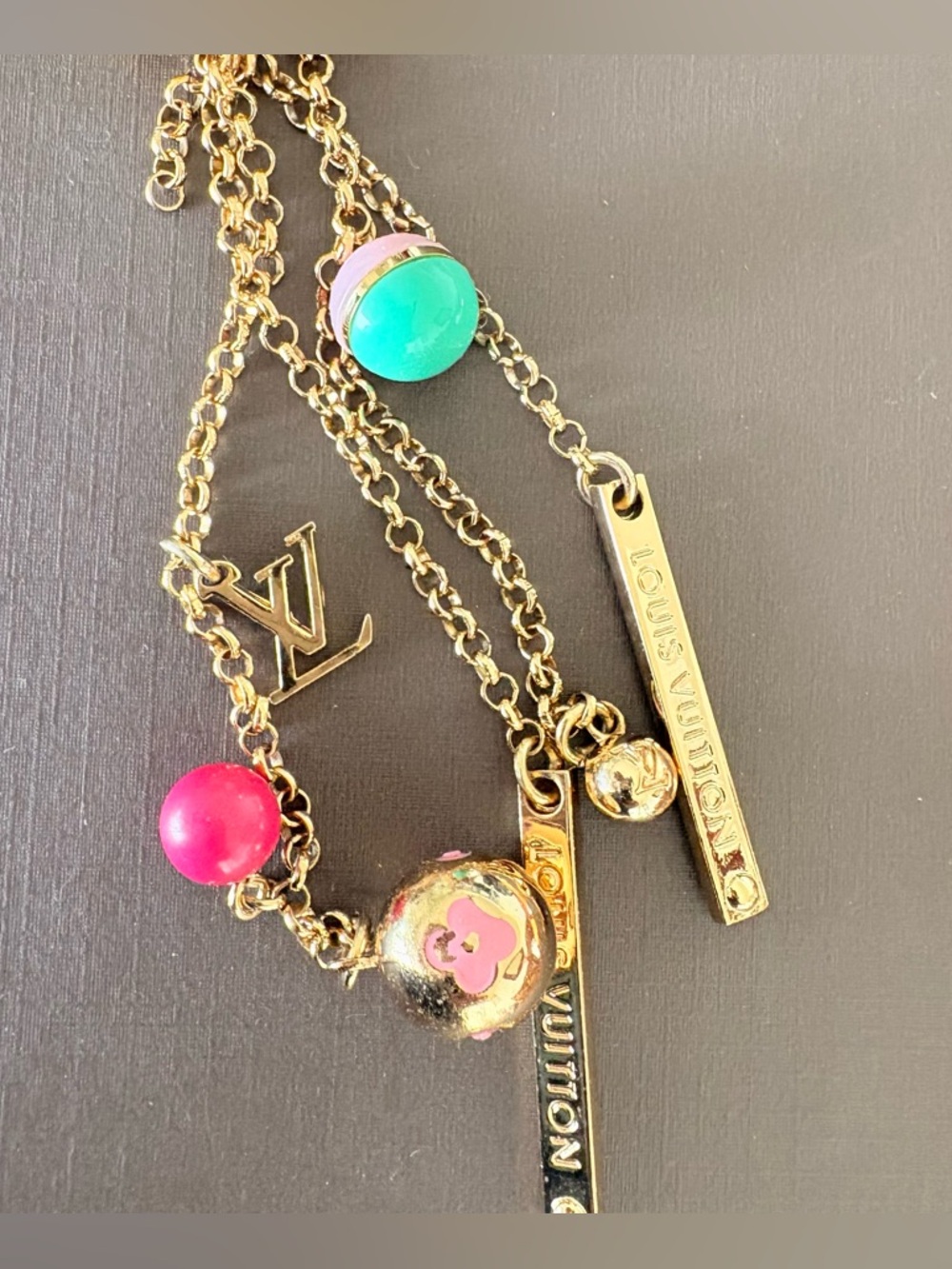Louis Vuitton Gold-Tone Charm Necklace with Pink and Turquoise Beads